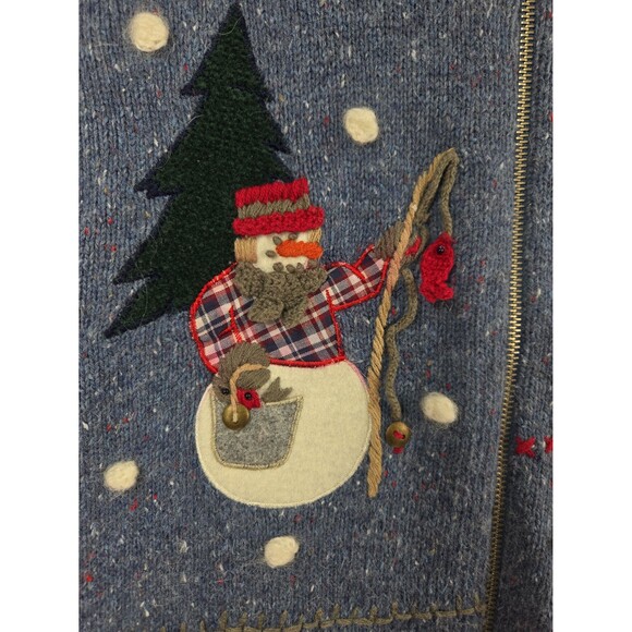 Vtg Christmas Sweater Victoria Jones Cardigan Zip-Up Blue Angora Snowman 90s Med - Picture 6 of 8